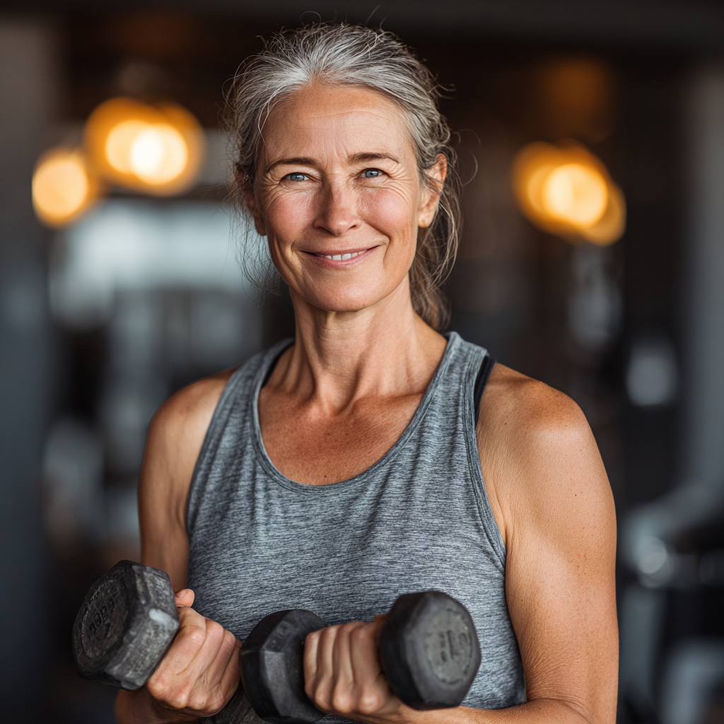 Confident middle-aged woman in athletic wear holding dumbbells in modern gym, smiling with determination