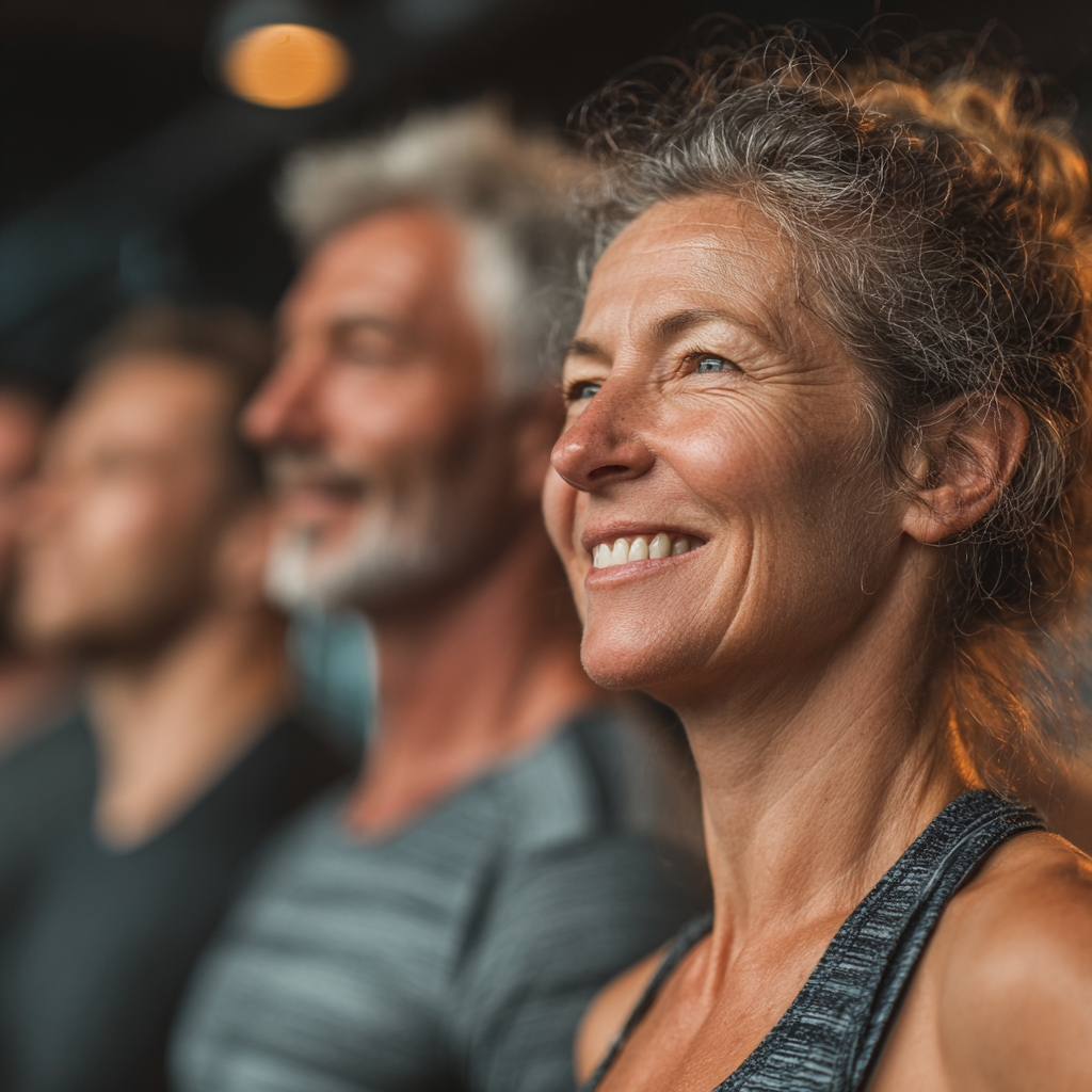Group of middle-aged adults exercising together in bright fitness studio, showing camaraderie and mutual support during workout session
