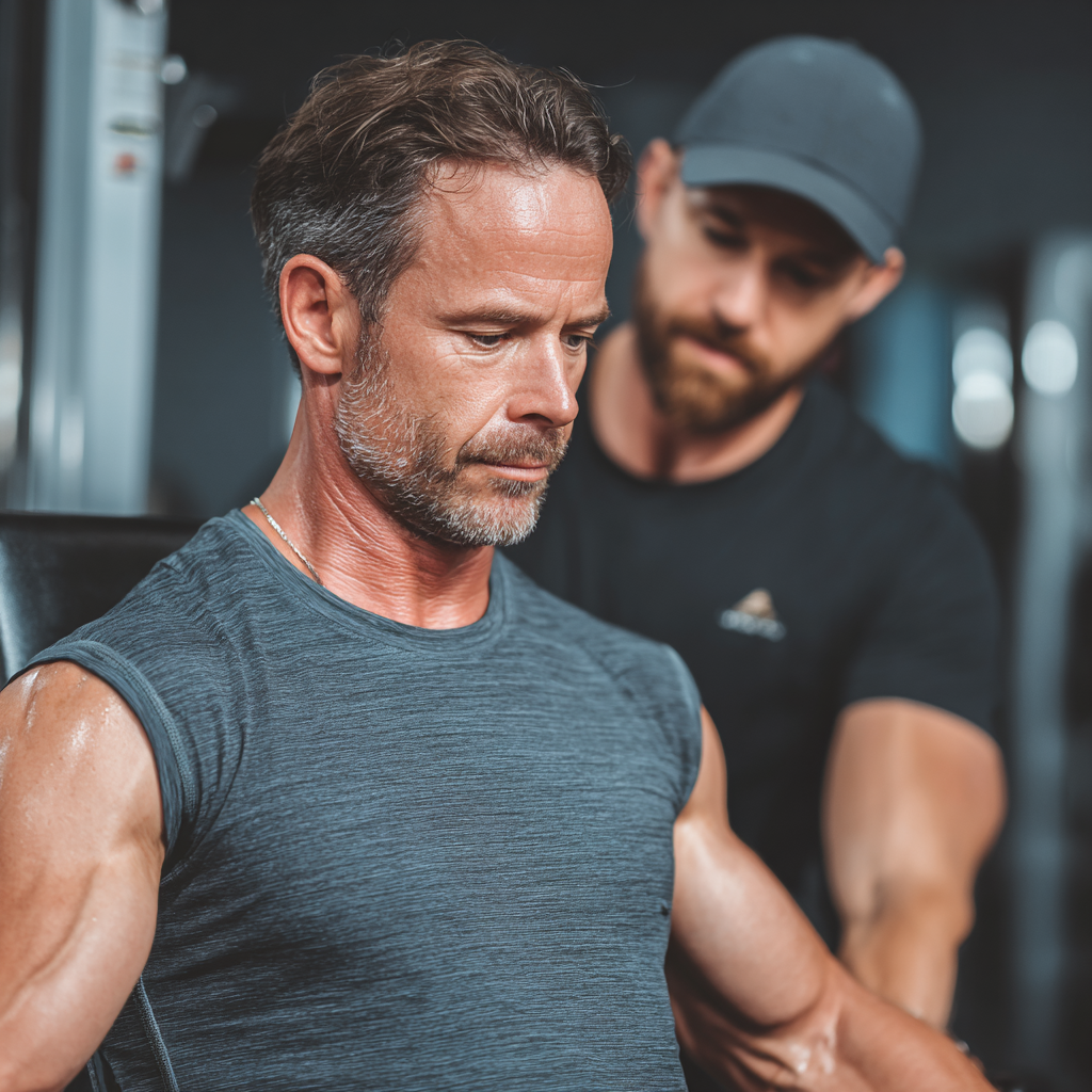 Mature athletic man aged 45 performing strength exercises with personal trainer in modern fitness center